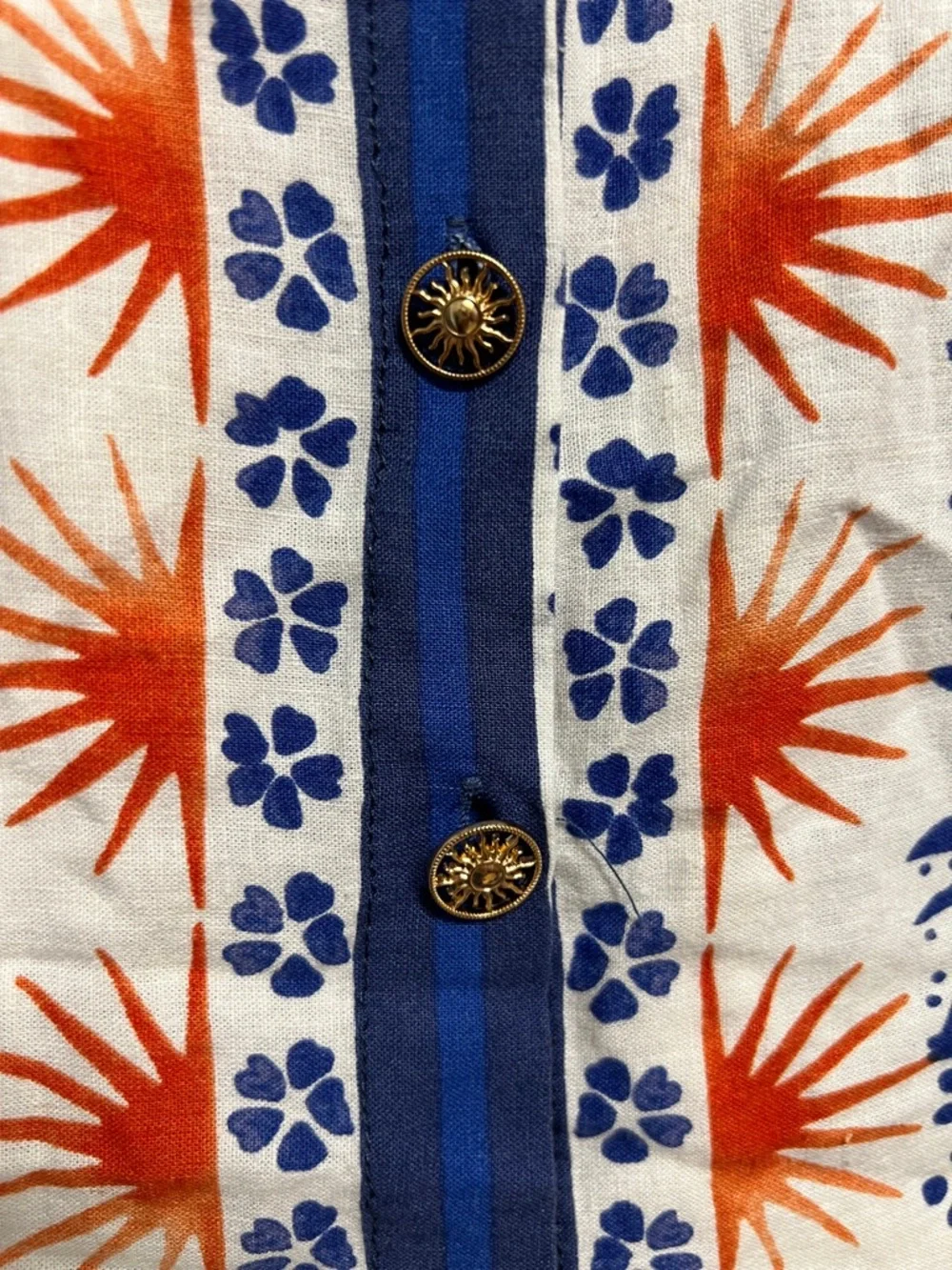 Rachel Zoe White Short Sleeve Linen Button-Up Shirt Blue & Orange Print Large - Picture 3 of 6